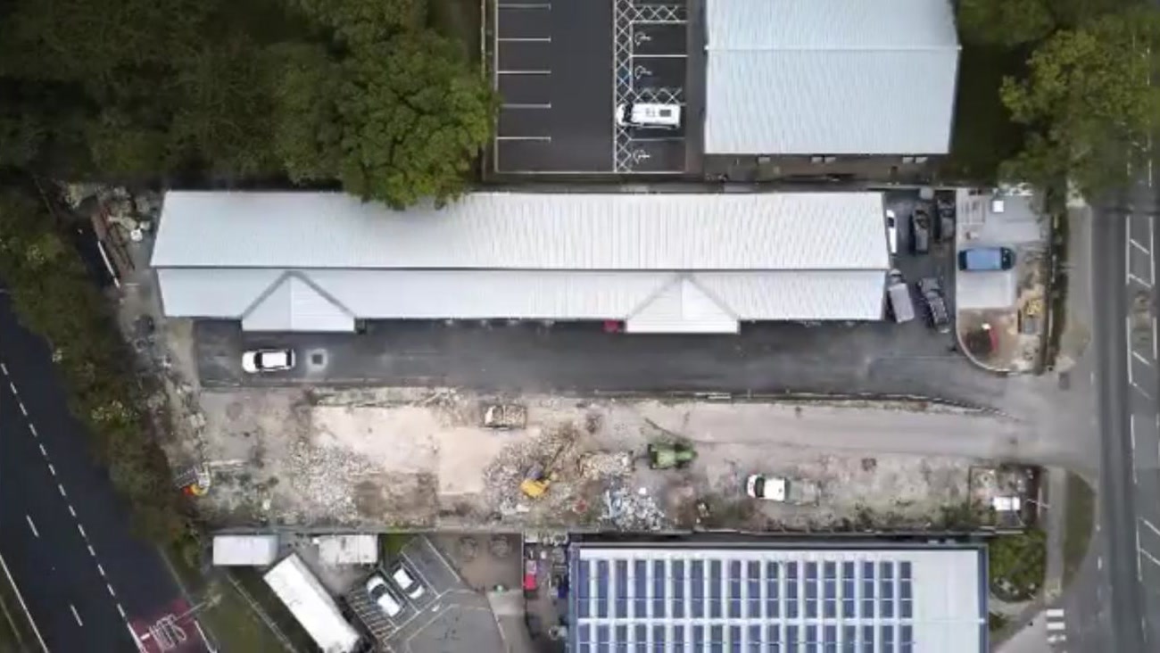 Aerial view of the front yard being excavated