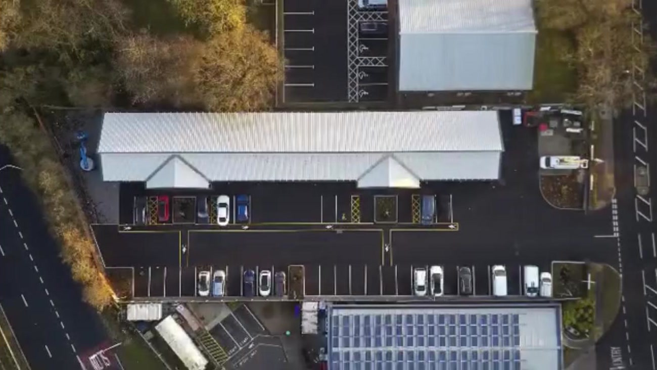 Aerial view of the finished units and marked car park