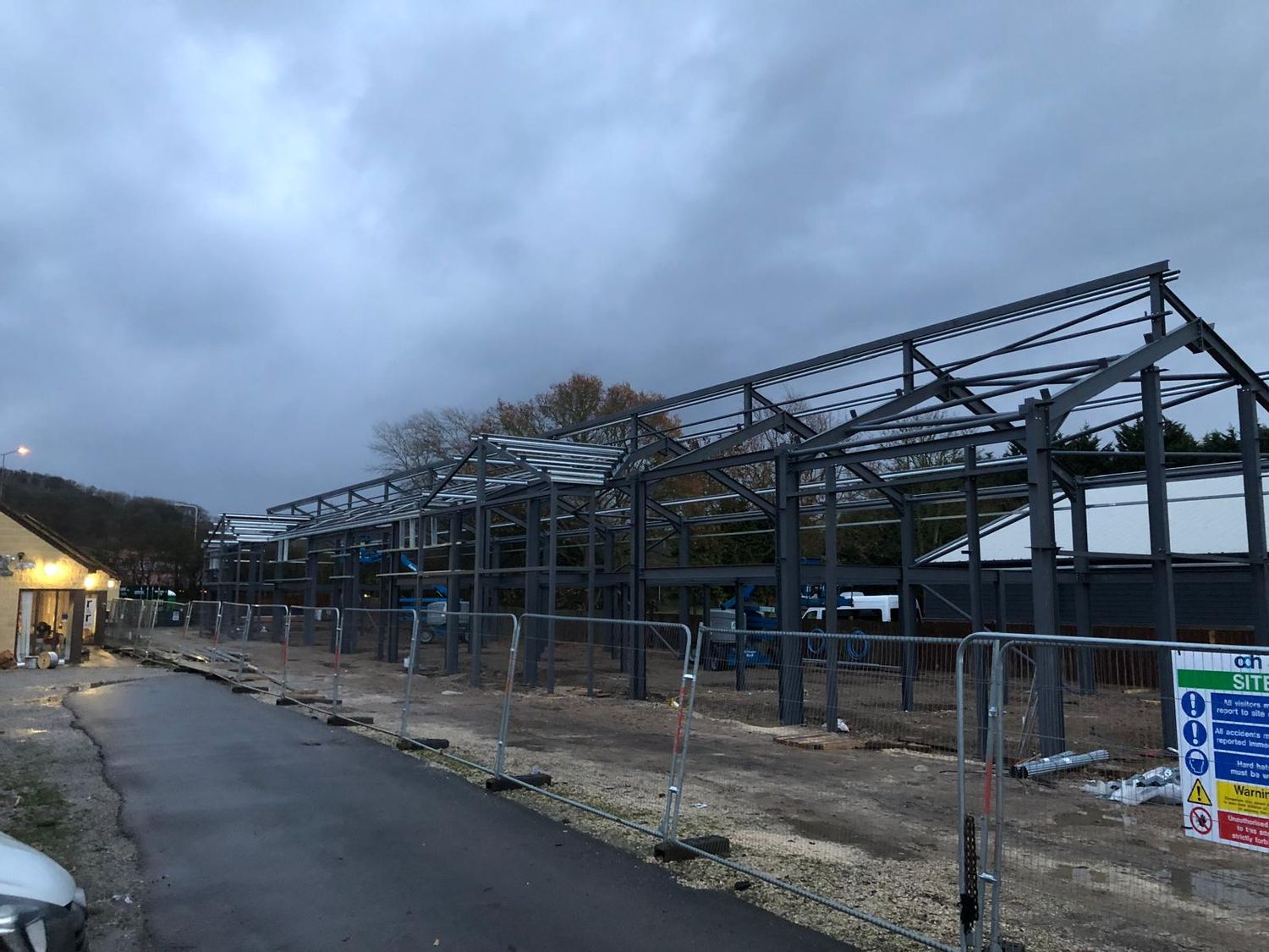 Steel portal frames erected along the site road