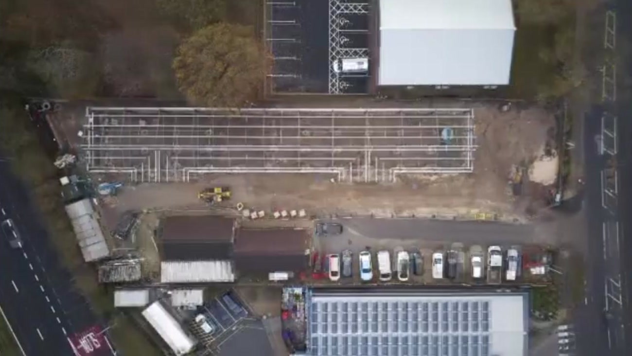 Aerial view of the steel frame erected on the foundations